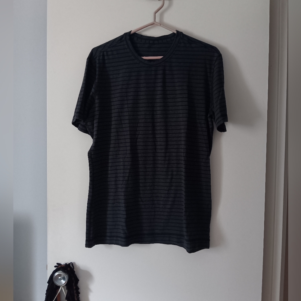 LULULEMON Black and Grey Striped Cotton Crew Tee L